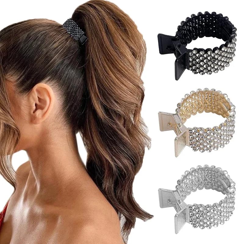 Fashion Pearl Rhinestone Metal Hair Clip Women's Mini High Ponytail Holder Crystal Hair Clip Elegant Party Headpiece