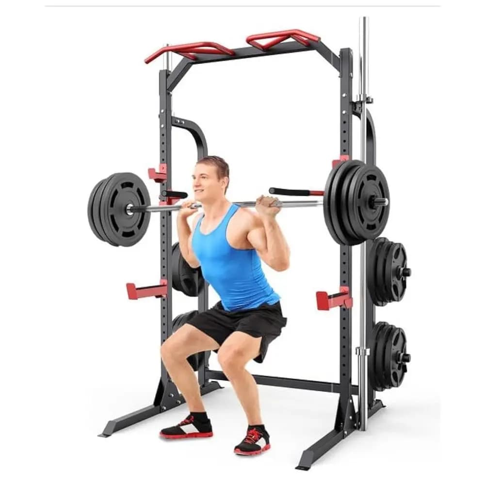 Power Cage Squat Rack, Power Rack con Sistema a Pulegge, Sistema Crossover a Cavi Regolabile, Ganci a J, Maniglie Dip, Porta Pesi
