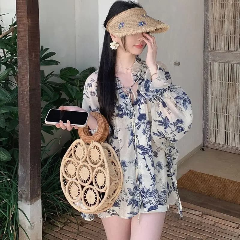 Camicia di protezione solare con lacci per pittura con lavaggio a inchiostro per donna Estate Nuovo stile pigro Top larghi super belli Abbigliamento donna di moda
