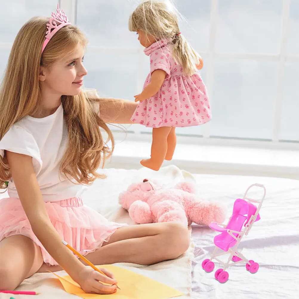 Set di 4 Passeggini Rosa Pieghevoli per Bambole, Accessori per Casa delle Bambole, Decorazioni per Bambini