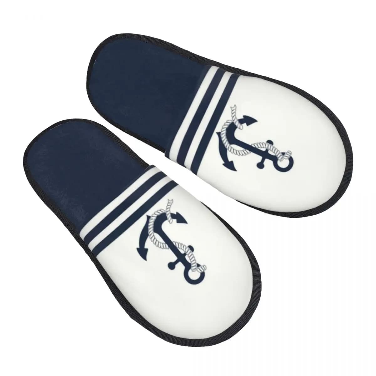 Pantofole da Casa Personalizzate Blu Navy con Strisce e Ancora Nautica, in Morbida Schiuma Memory, Comode e Calde, Antiscivolo per Donne