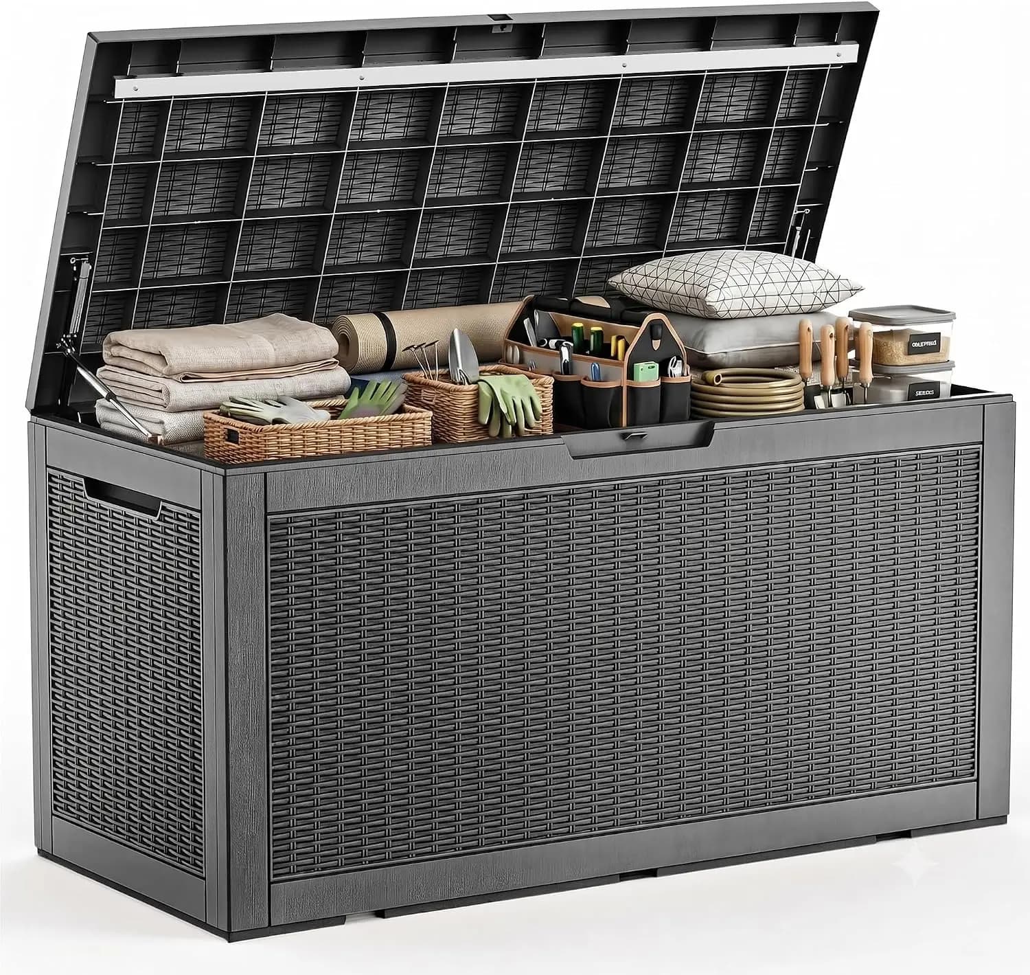 Large Outdoor Waterproof Resin Storage Deck Box, Lockable Patio Storage Bin Container Bench Furniture For Pool Cushion Garden Tool Organizer, Modern Style, Black