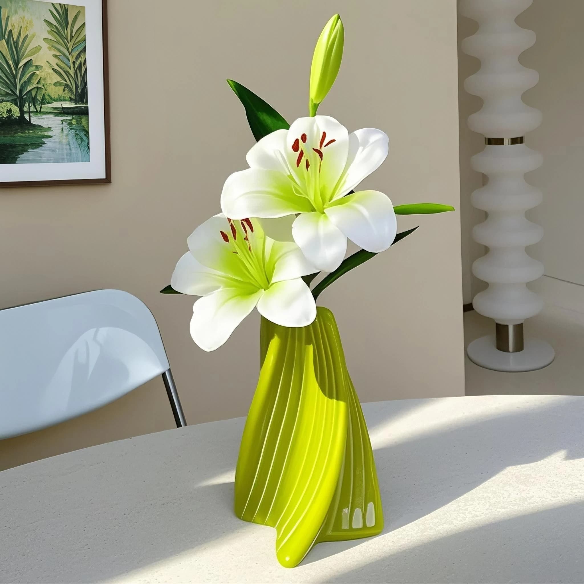Artificial lily green plant decoration Floral arrangement Living room Ceramic vase Light Luxury artificial floral art ornament