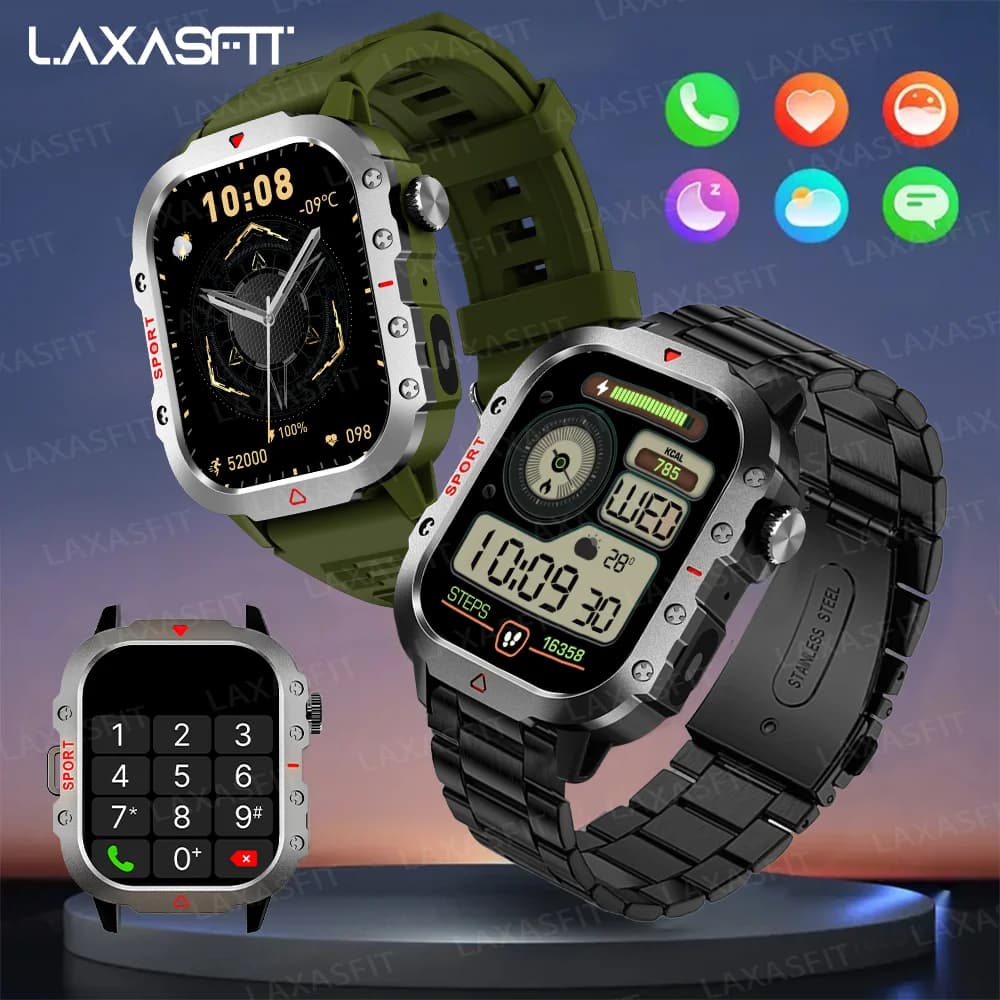 LAXASFIT Men's Smart Watch LED Flashlight Sport Fitness Call Bluetooth Heart Rate Health Monitor Smart Outdoor Watch Party Gift