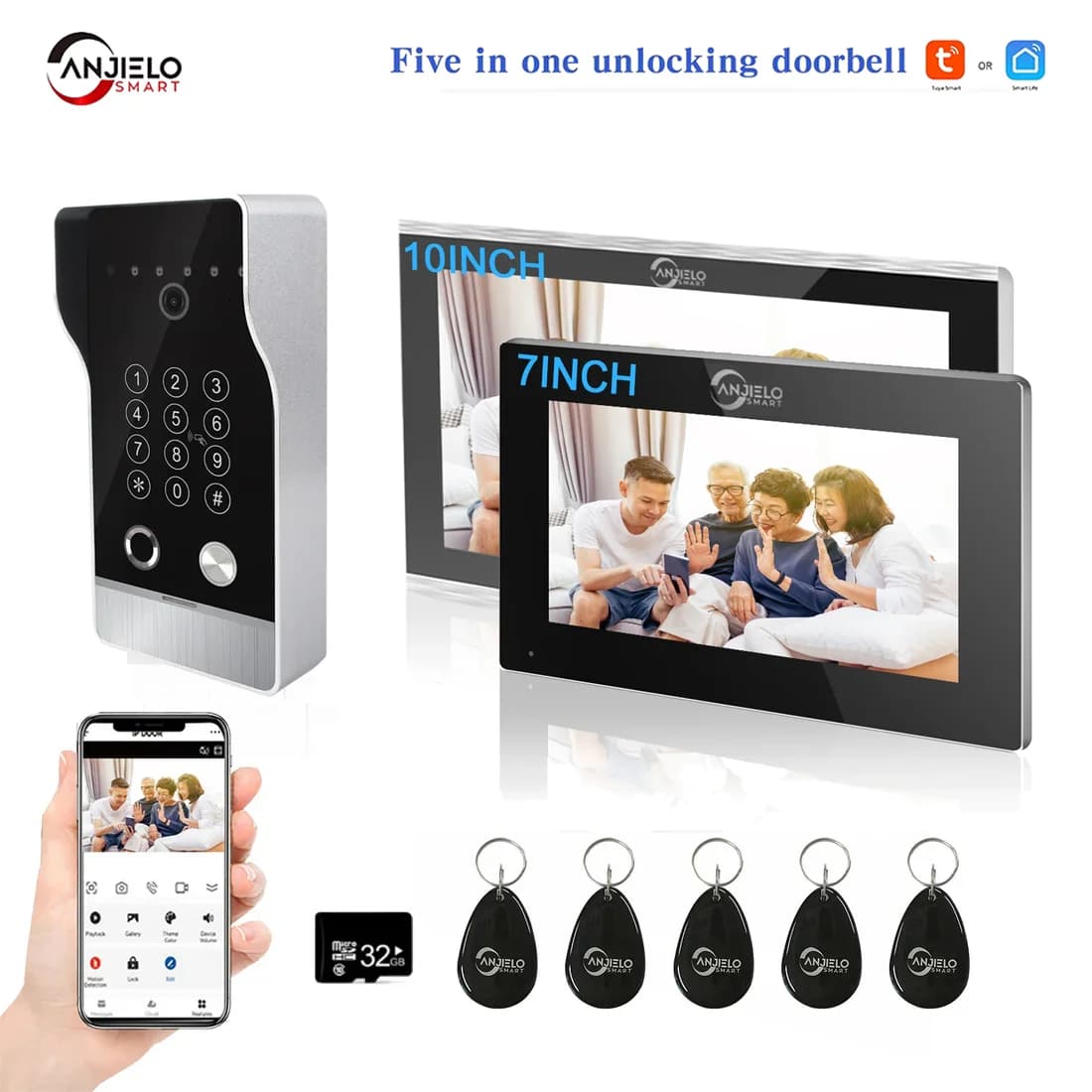 ANJIELO Tuya 1080P Videocitofono da 7/10 pollici con campanello touch screen con campanello cablato 148 ° Monitor della scheda delle impronte digitali con password APP