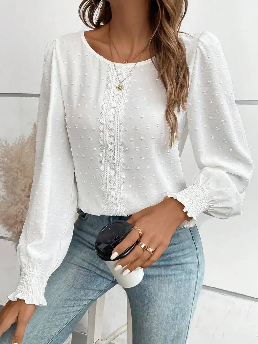 Camicetta con Inserti in Pizzo Svizzero e Maniche a Lanterna, Top Casual da Donna con Collo Tondo e Maniche Lunghe