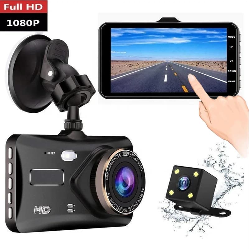 Dash Cam con Doppia Lente, DVR Auto HD 1080P, Schermo Touch IPS da 4 Pollici, Telecamera Posteriore, Registratore con Visione Notturna