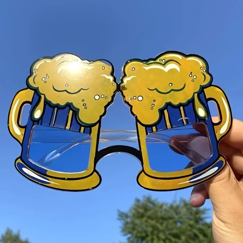 Occhiali da festa dell'Oktoberfest Design con tazza da birra gialla blu. Portafoto in plastica leggera per accessorio per costume da festival per adulti