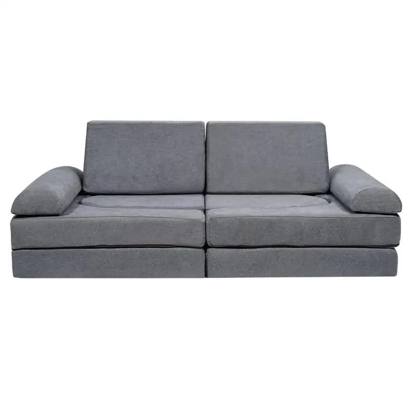 Children's play sofa made of chenille fabric, 10-piece building block set, children's play sofa with removable cover, 80 kg weight capacity, convertible children's sofa for sleeping and reading, grey