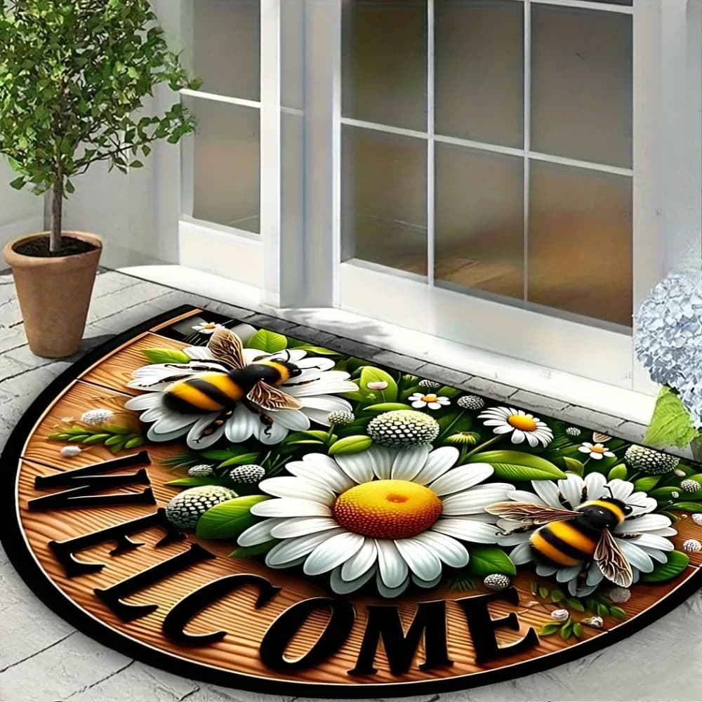 Tappeto a Mezzaluna con Motivo Margherita e Ape, Decorazione per Casa, Soggiorno, Camera da Letto, Stile Floreale, Zerbino d'Ingresso