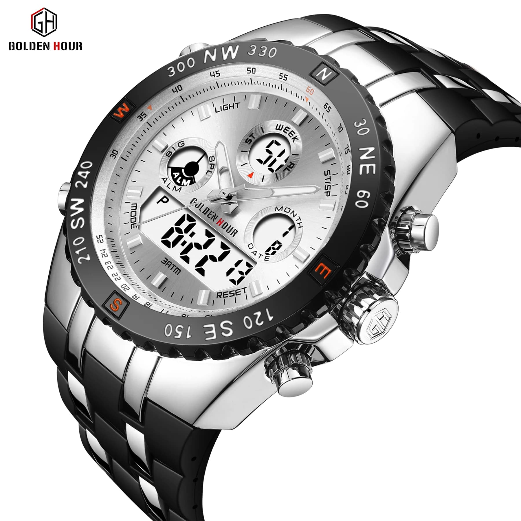 GOLDENHOUR Luxury men's watch in industrial style, LED, digital, analog, double time, waterproof, bright, quartz movement, silicone strap