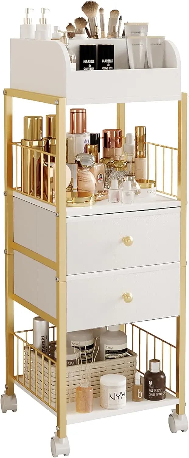 Carrello Organizzatore Trucchi Grande con Cassetti, Mobiletto Porta Cosmetici con Ruote per Skincare, Profumi, Smalti, Pennelli - Oro
