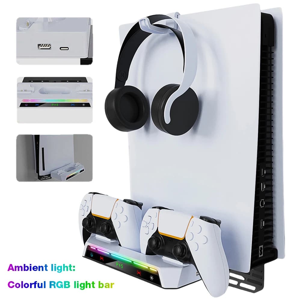Kit di montaggio a parete per console PS5 e PS5 Slim, stazione di ricarica per due controller, luce RGB, accessori per montaggio a parete.