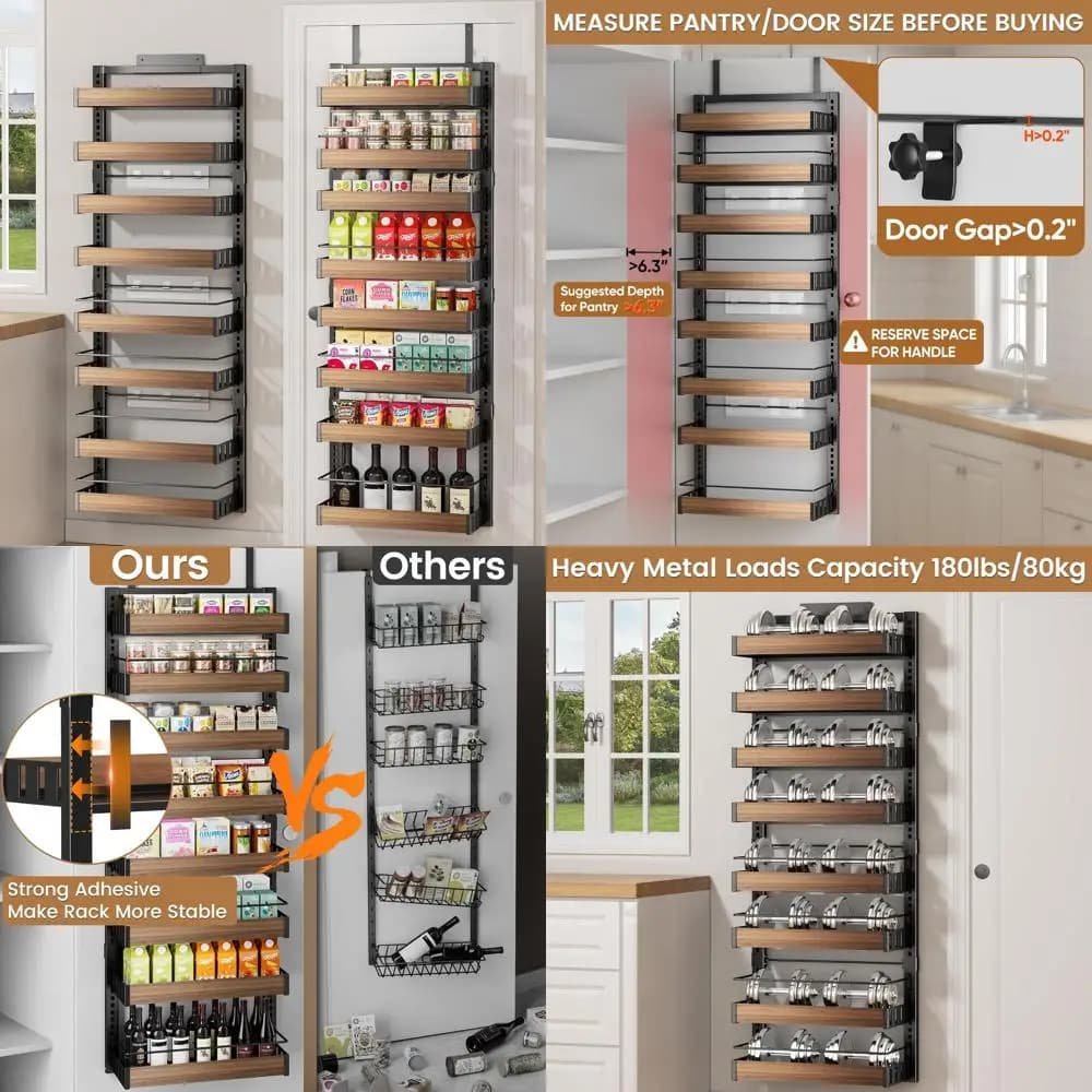8-level pantry organizer mounted on door: double wall function or hanging door with adjustable shelves to store the kitchen
