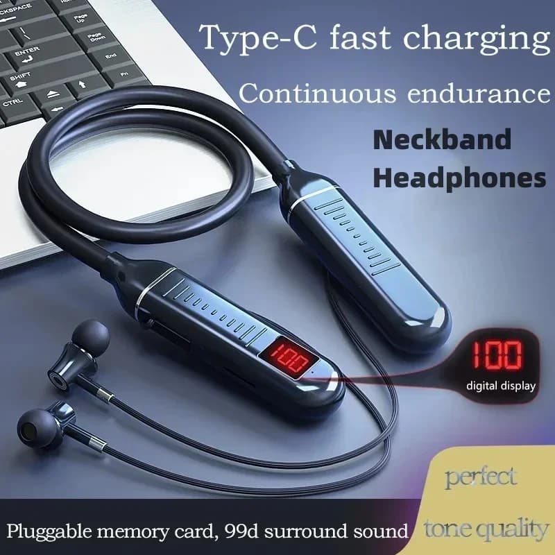 Auxiliary Wireless Bluebooth Headphones with Neck Headset LED Game Display Stereo Sports Headphones Halter Waterproof magnetic earphones