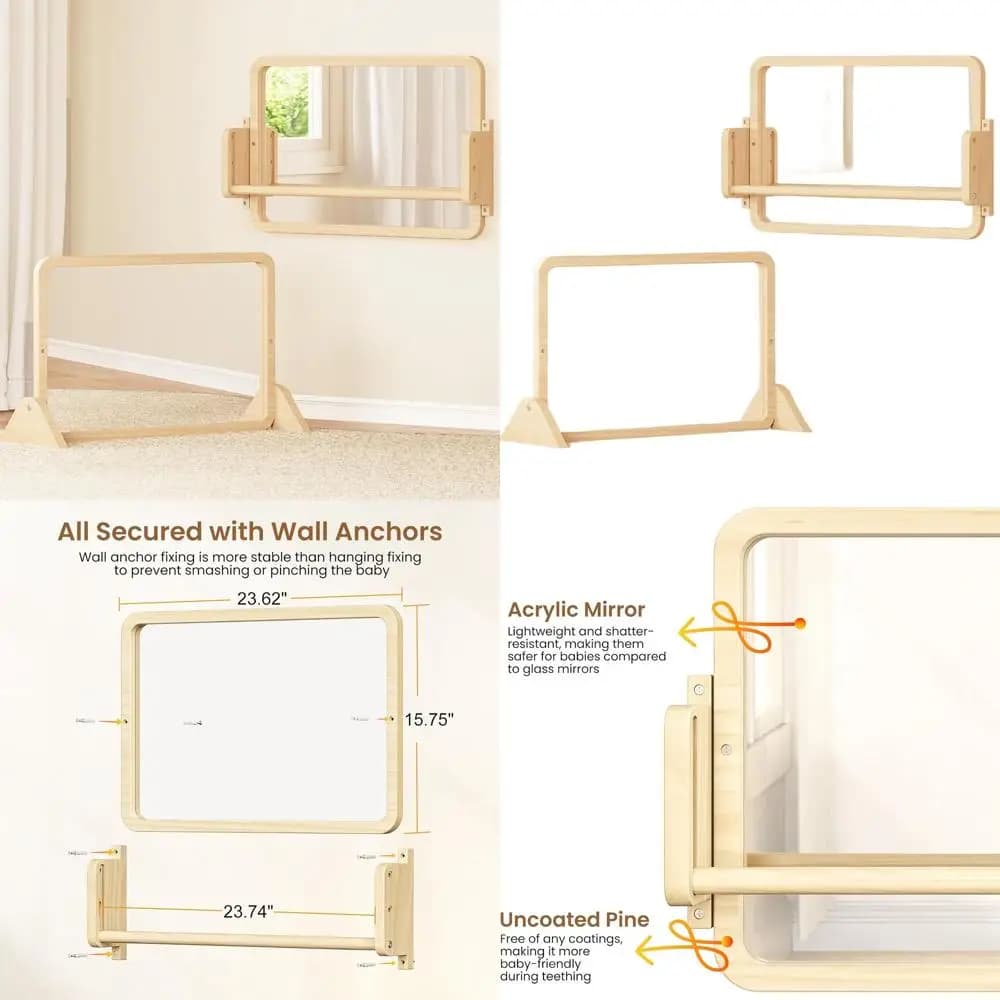 Adjustable mirror Montessori 3 in 1 with pull-up bar, educational toy for children, 6-18 months, natural wood for kindergarten and classroom