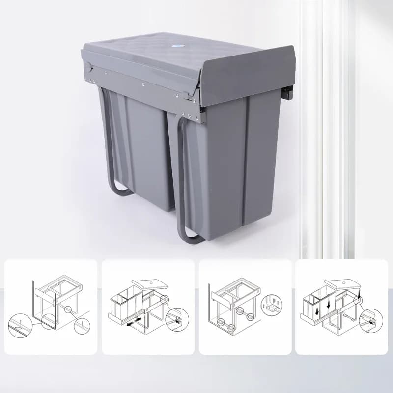 Built-in Cabinet Trash Bin Pull-Out Dampened Lid with Soft-Close Mechanism Hidden Kitchen Recycling Bin