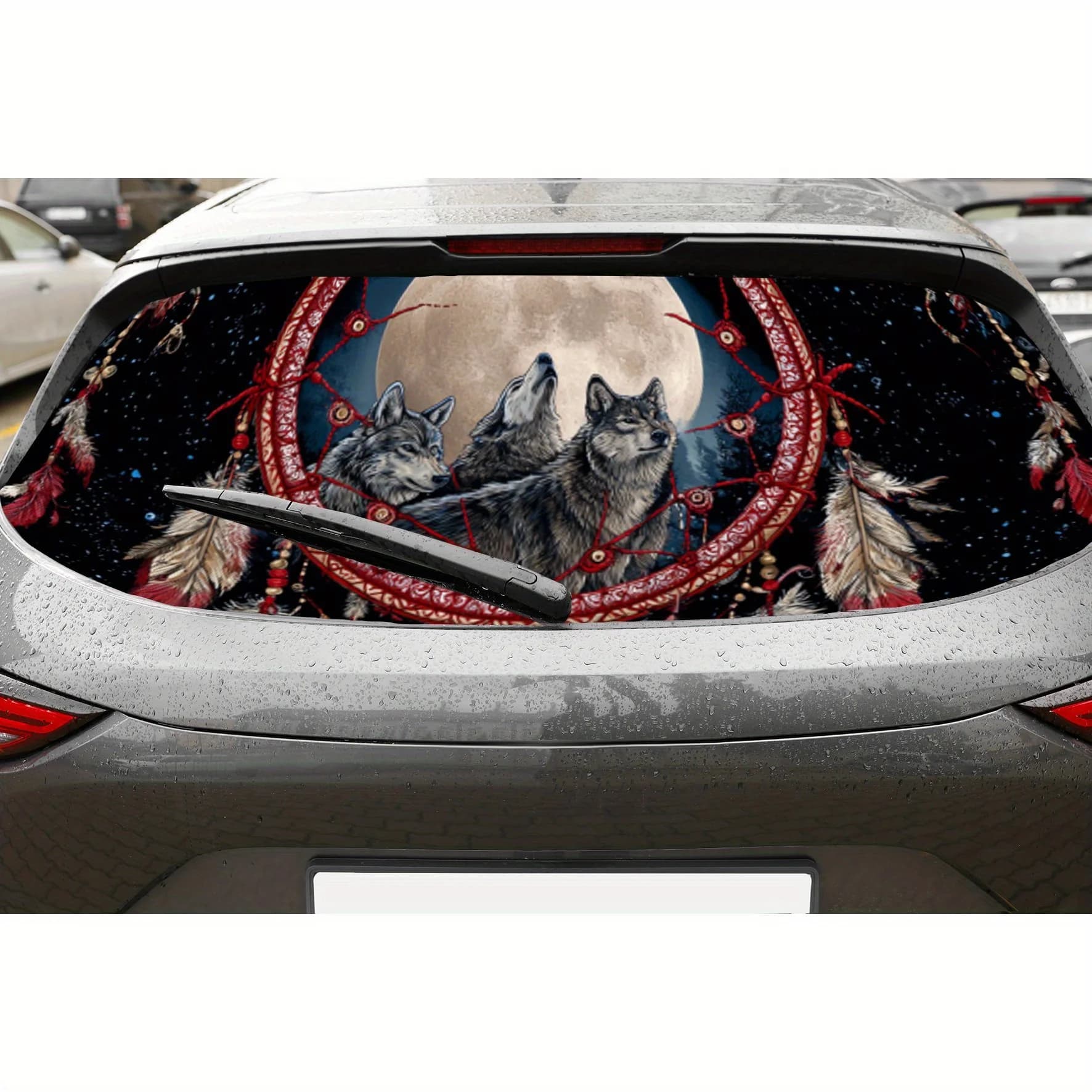 Red Dream Catcher and Wolf Pack Car Rear Window Vinyl Wraps Sticker, Fashionable Auto Decal, Waterproof Self-adhesive & Anti-scr