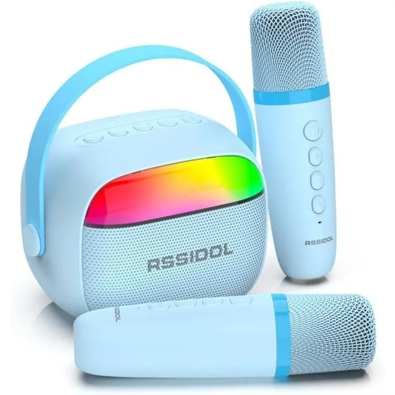 Macchina per Karaoke Portatile con 2 Microfoni Wireless e Altoparlante Bluetooth RGB, Regalo di Compleanno per Bambini dai 3 agli 8 Anni