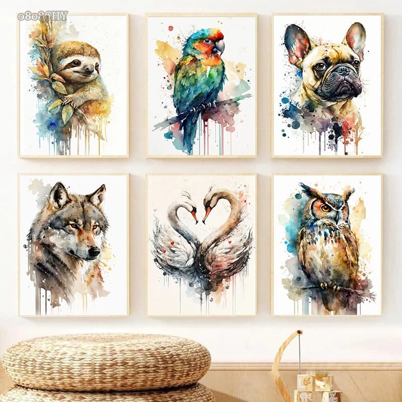 Acquerello Fauna Selvatica Canva Pittura A Olio Stampa Poster Abstract Bradipo Polpo Fenicottero Uccello Bulldog Francese Cane Poster Casa Wall Art