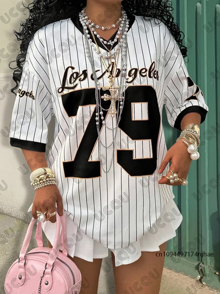 Estate New Los Angeles 79 Stampa T-shirt a righe per le donne Scollo a V Manica corta Tees Sport Maglia da calcio Y2K Allentato Top oversize