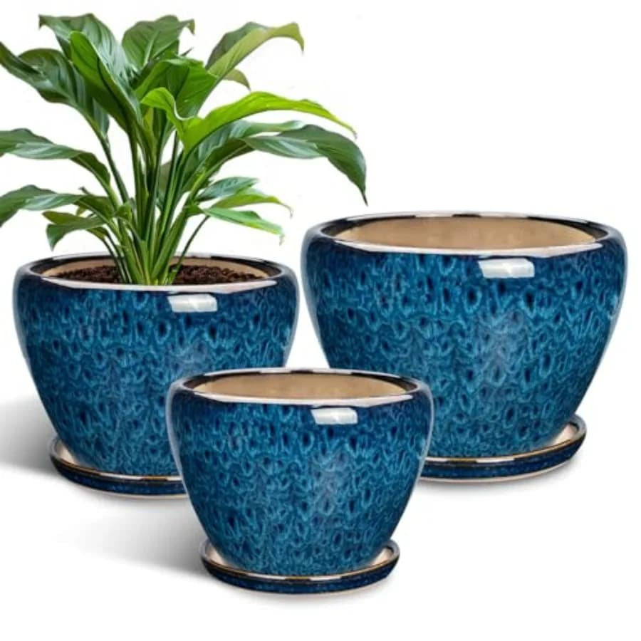 Indoor/outdoor ceramic plant pots set of 3, blue, 6/8/10 inch round modern flower pots with drainage holes and saucers