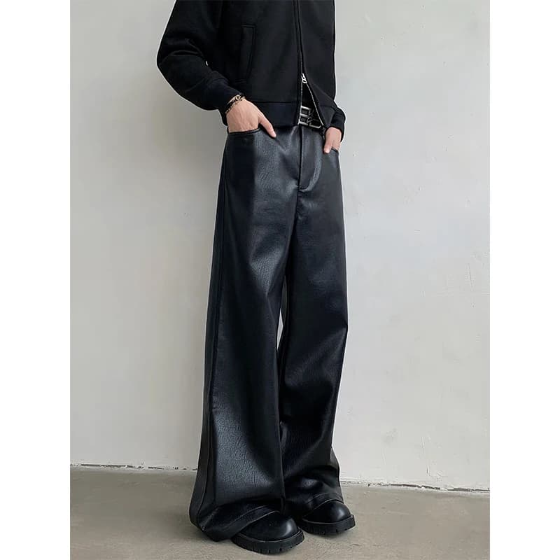 Men's Punk PU Leather Pants Black Wide-leg Zipper straight trousers Fashion Hipcool Windproof Mopping Trousers All-match
