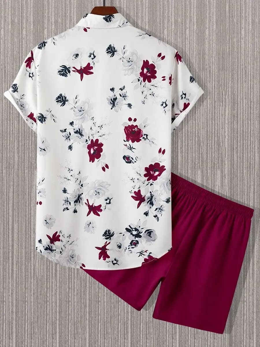 Manfinity Homme Men Casual Floral Print Shirt & Drawstring Waist Shorts Without Tee, Going Out