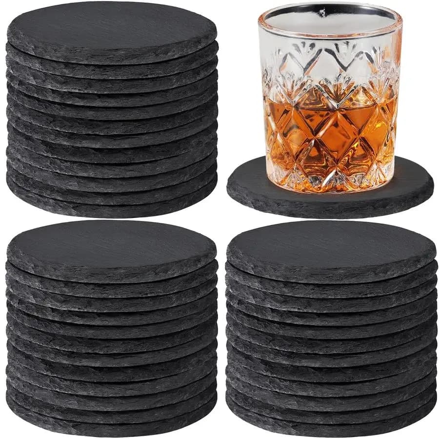 Disposable Slate Sweater Parts, 4-inch rustic black stone drinks round cups with anti-scratch support for laser engraving, Ba
