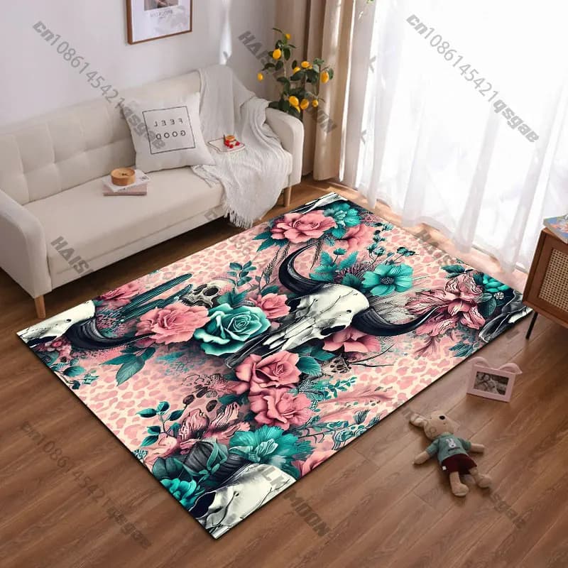 Tappeto con teschi, fiori e animali, tappeto da yoga, decorazione per soggiorno, tappetino per bambini, zerbino, tappeto per area giochi, tappetino da pavimento