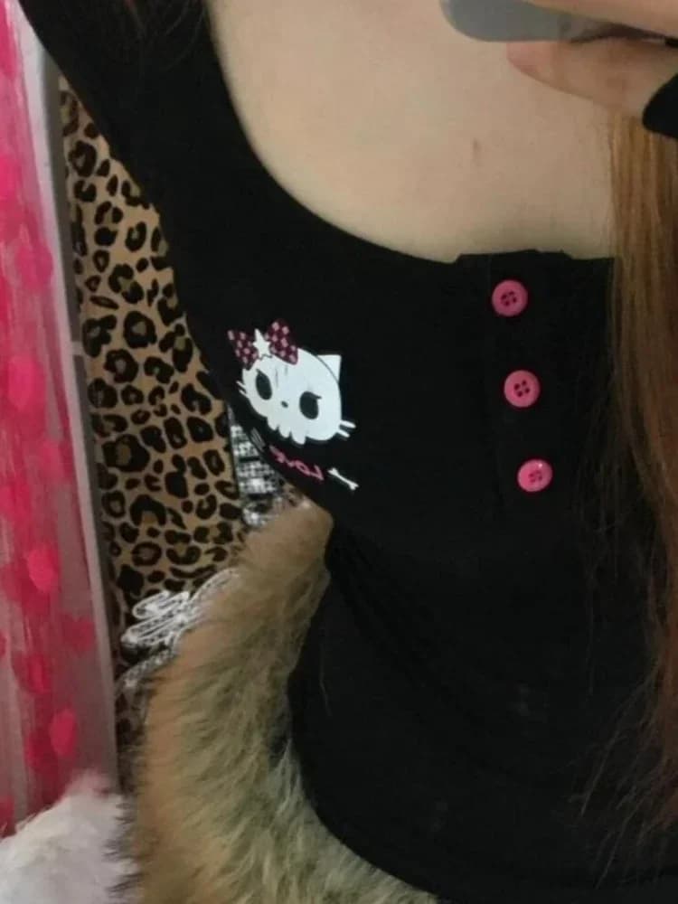 T-Shirt Vintage Y2K con Stampa Cartoon per Donna 2025, Maglietta Aderente Punk Streetwear Harajuku per l'Autunno