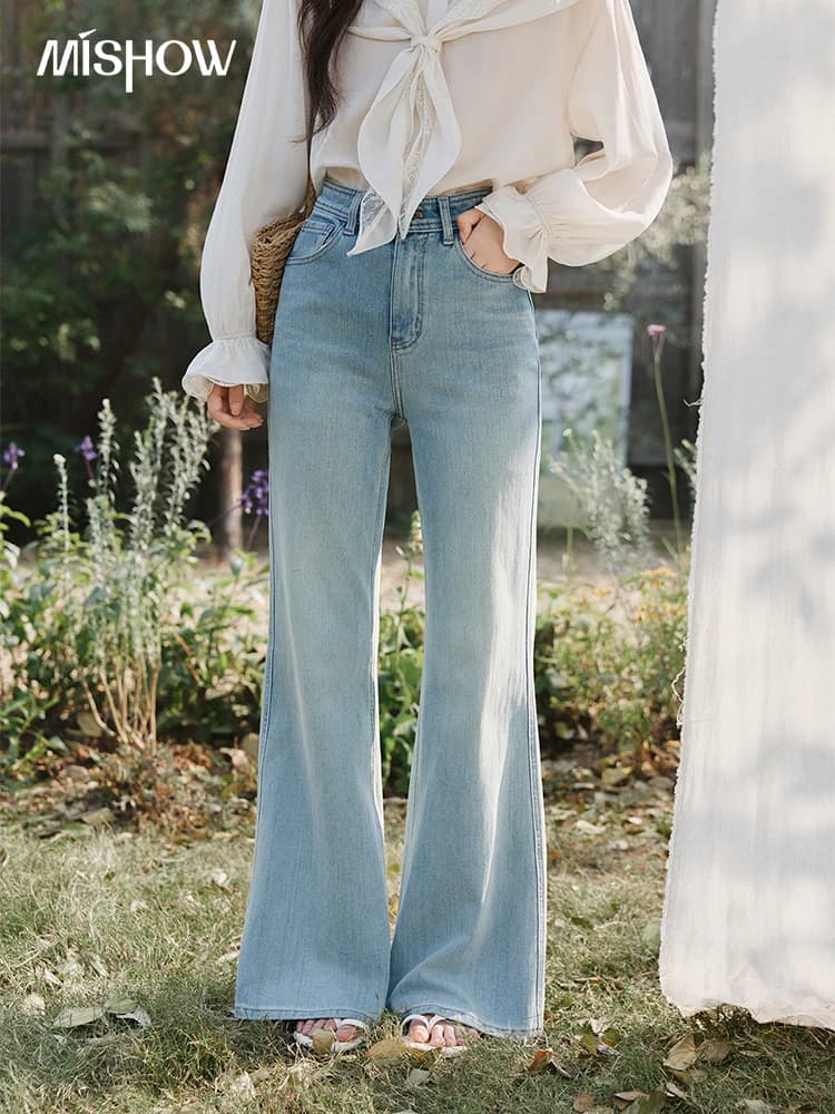 MISHOW Jeans a Zampa d'Elefante da Donna a Vita Alta Blu Chiaro Lavaggio Leggero, Pantaloni in Denim a Campana per il Lavoro, Casual, Estivi, Uso Quotidiano MXF15K1254