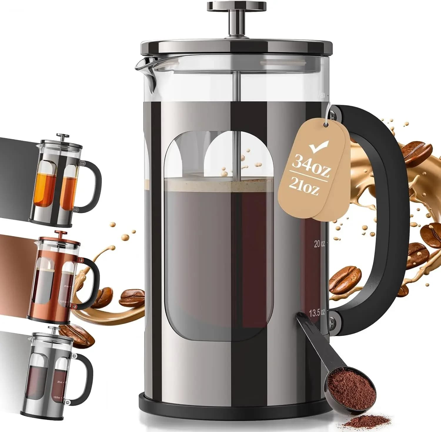 French Press Coffee Maker 34oz, No Plastic Touching Cafe,Thickened Glass Stainless Steel Brewer, Cold Brew Cafetera Tea pot for Kitchen Travel Camping, Gifts, Decor, Bar Accessories, Dark Pewter