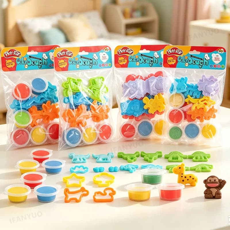 DIY Kids Play Dough Set with Animals Dinosaur Molds Non-Toxic Soft Colour Dough Kit Educational Craft Clay Toys for Girls Boys