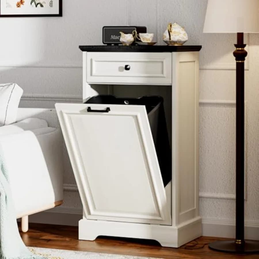 Mobiletto con Cestino Ribaltabile in Legno, Mobiletto Porta Rifiuti con Cassetto Portaoggetti, Contenitore per Biancheria Resistente agli Animali, Bidone per il Riciclaggio per Bambini