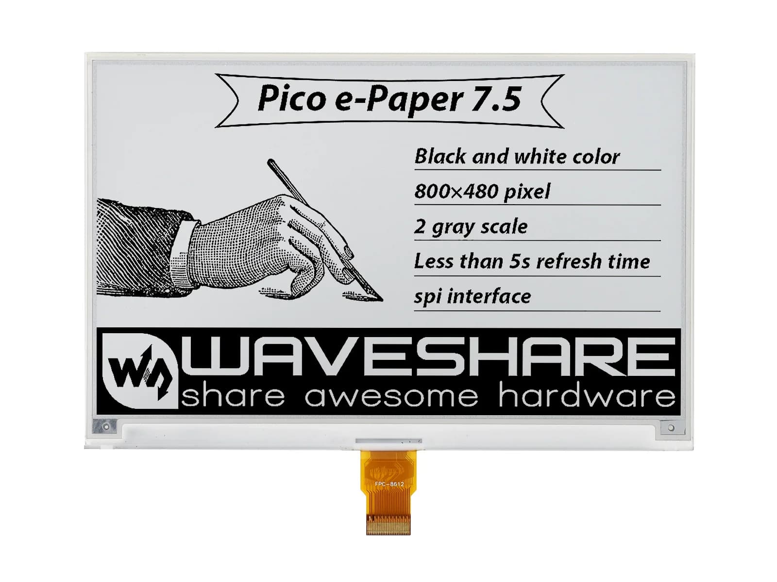 Pico-ePaper-7.5, 7.5 inch E-Paper E-Ink display module for Raspberry Pi Pico, 800×480 pixels, black/white, SPI interface