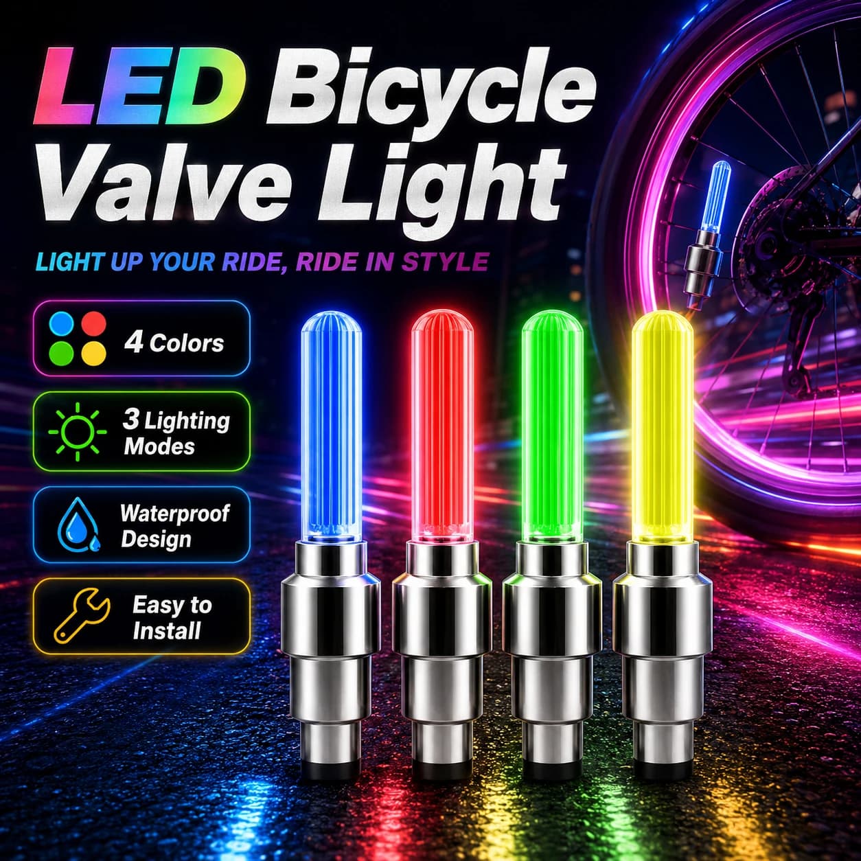 2-8Pcs Bicycle LED Spoke & Valve Cap Lights, Waterproof Colorful Flashing Wheel Tire Lamps for Night Riding Safety