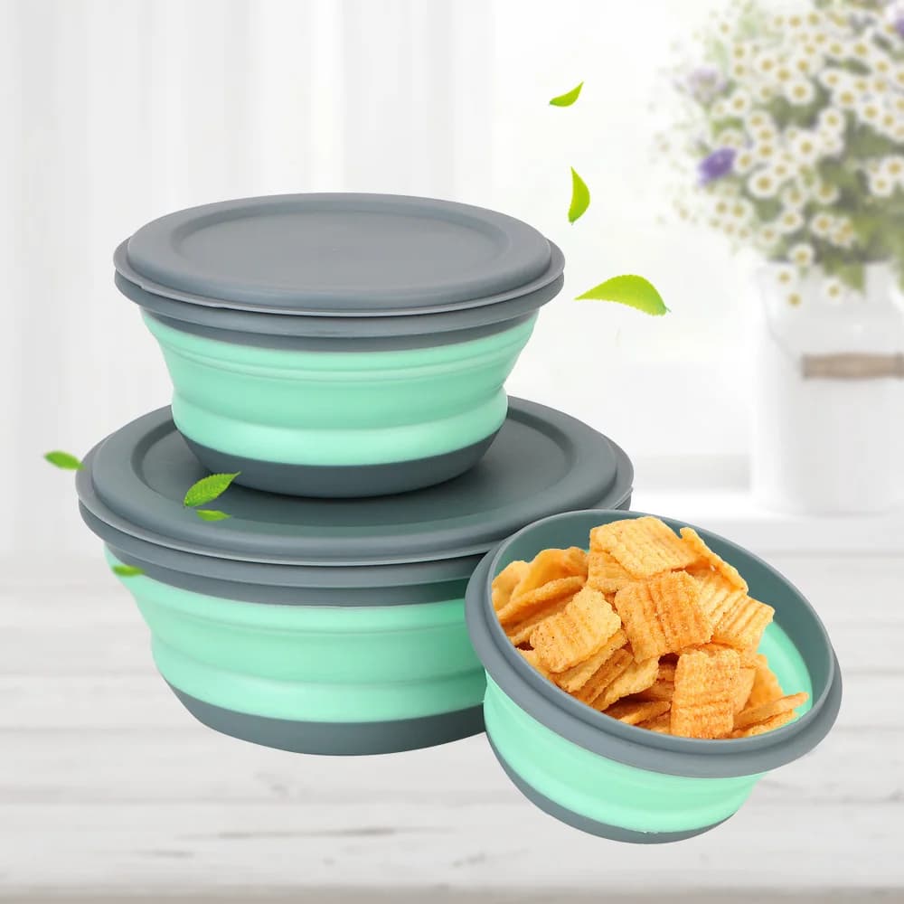 Set di ciotole pieghevoli per pranzo in silicone 3 pezzi/set Set di stoviglie per contenitori per alimenti Set di insalate pieghevoli con coperchio portatile