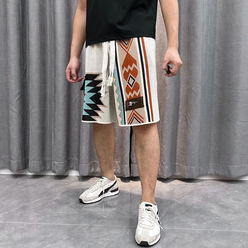 Pantaloncini Estivi da Uomo Nuovo Stile Bohemien, Bermuda da Spiaggia Traspiranti con Motivo Etnico, Casual in Maglia per Vacanze Tropicali e Uso Quotidiano