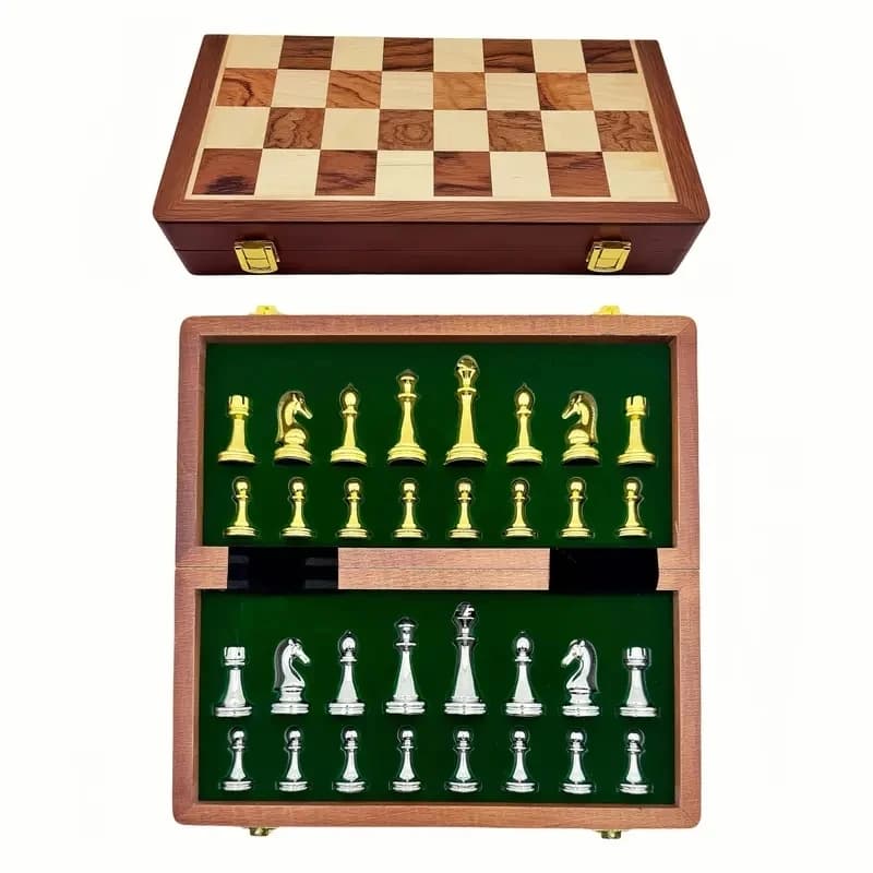 Chess Deluxe Wooden checkerboard Set 30cm/11.8inch Portable folding weight zinc alloy pieces Ideal for Various holiday gifts