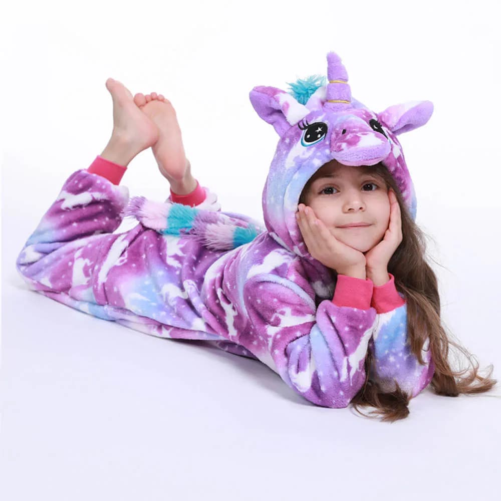 Pigiama per ragazze Kawaii Inverno Viola Unicorno Tutina con cappuccio Peluche Kigurumi Tuta Coperta Sleeper Caldo generale Abbigliamento da notte per bambini Pjs