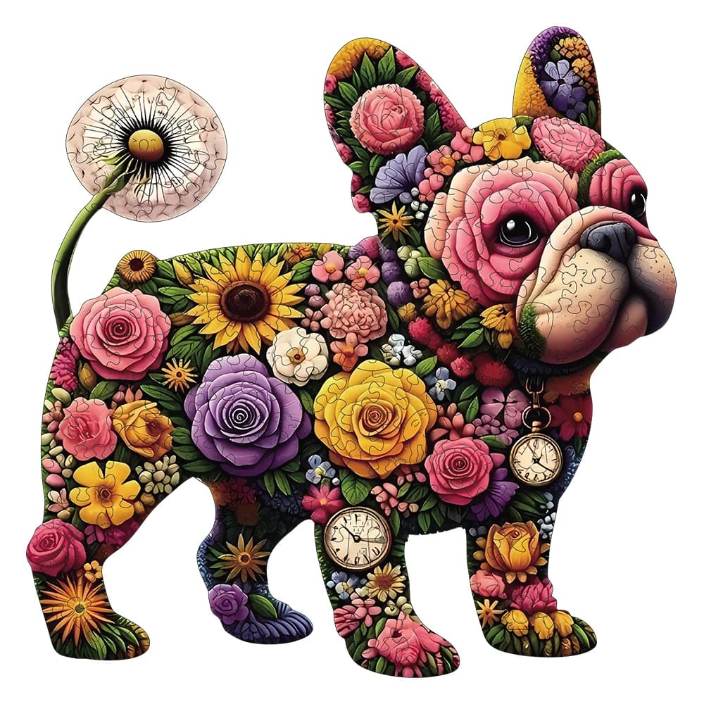 Puzzle in legno per adulti, puzzle bulldog con fiori colorati, regali speciali per le vacanze per la decorazione della casa di arte moderna di famiglia di amici