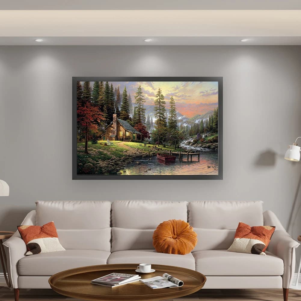 Kit Punto Croce con Ricamo Completo in Filo di Cotone 18CT, Stampa Casetta sul Lago 60x40cm