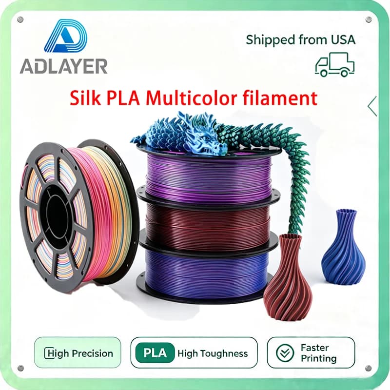 Adlayer 3D Printer Filament,Silk PLA Filament Tricolor,Smooth Silky Surface,1kg| 1.75mm Multicolor filament,Dimensional Accuracy +/- 0.02mm,Fit Most FDM Printers