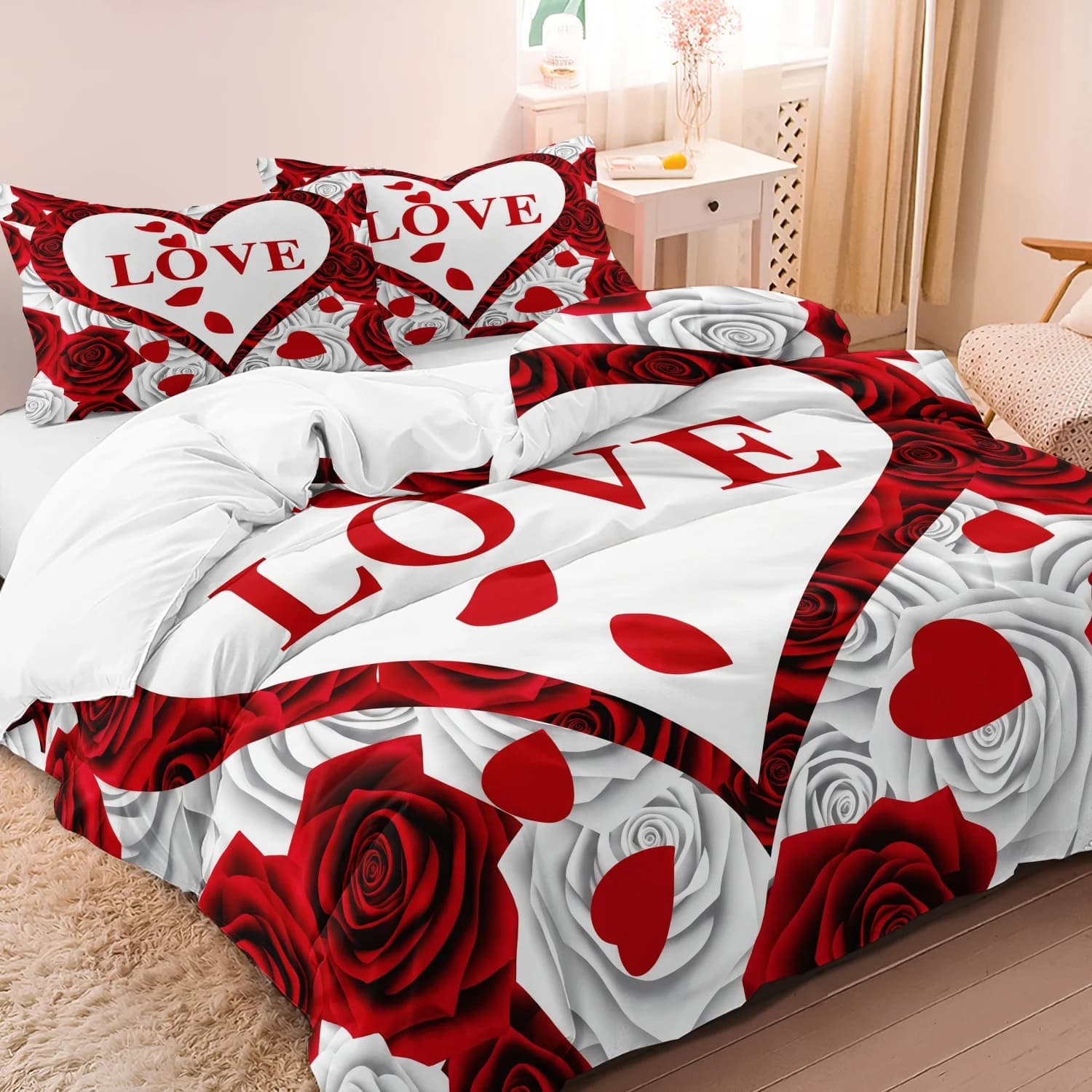 Set di 3 Pezzi Copripiumino Romantico Rosso e Bianco con Cuori e Fiori (1 Copripiumino + 2 Federe) per Casa, Dormitorio, Camere d'Albergo