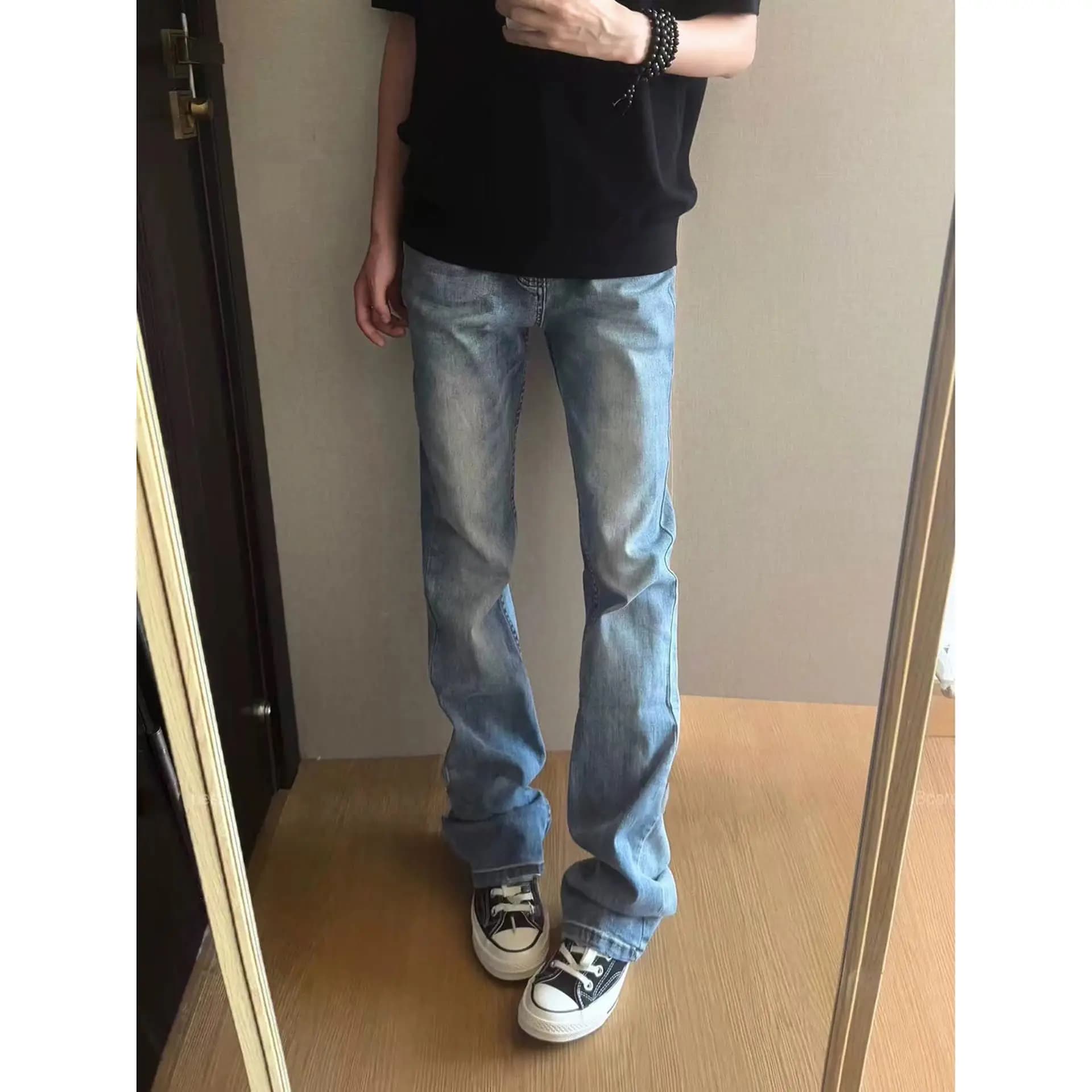 Jeans a Vita Alta a Gamba Dritta con Design Blue Blade, Pantaloni Casual Slim Fit per Uomo e Donna, Modello Bootcut a Vita Media
