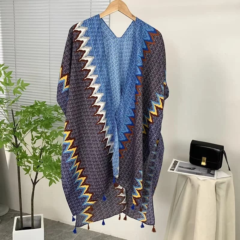Poncho Nuovo stile etnico Scialle Capispalla da donna Cappotto Mantello Dali Turismo Indossare Sciarpa per protezione solare Mantelle primaverili e autunnali Blu
