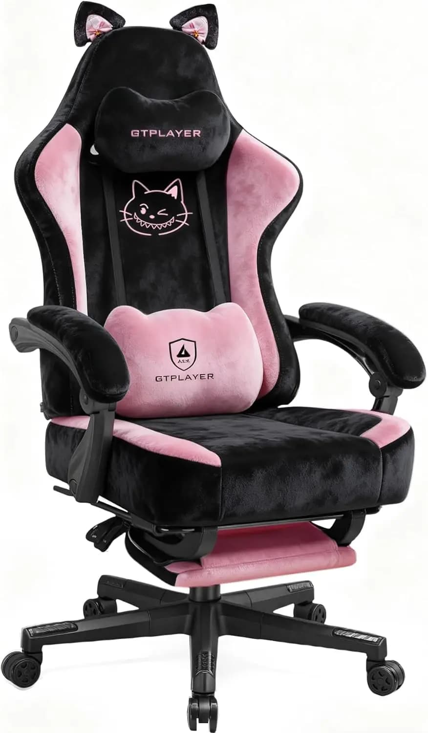 Sedia da Gaming con Orecchie da Gatto e Poggiapiedi, Sedia Ergonomica Reclinabile da Scrivania per Adulti e Adolescenti, Tessuto Morbido Rosa e Nero