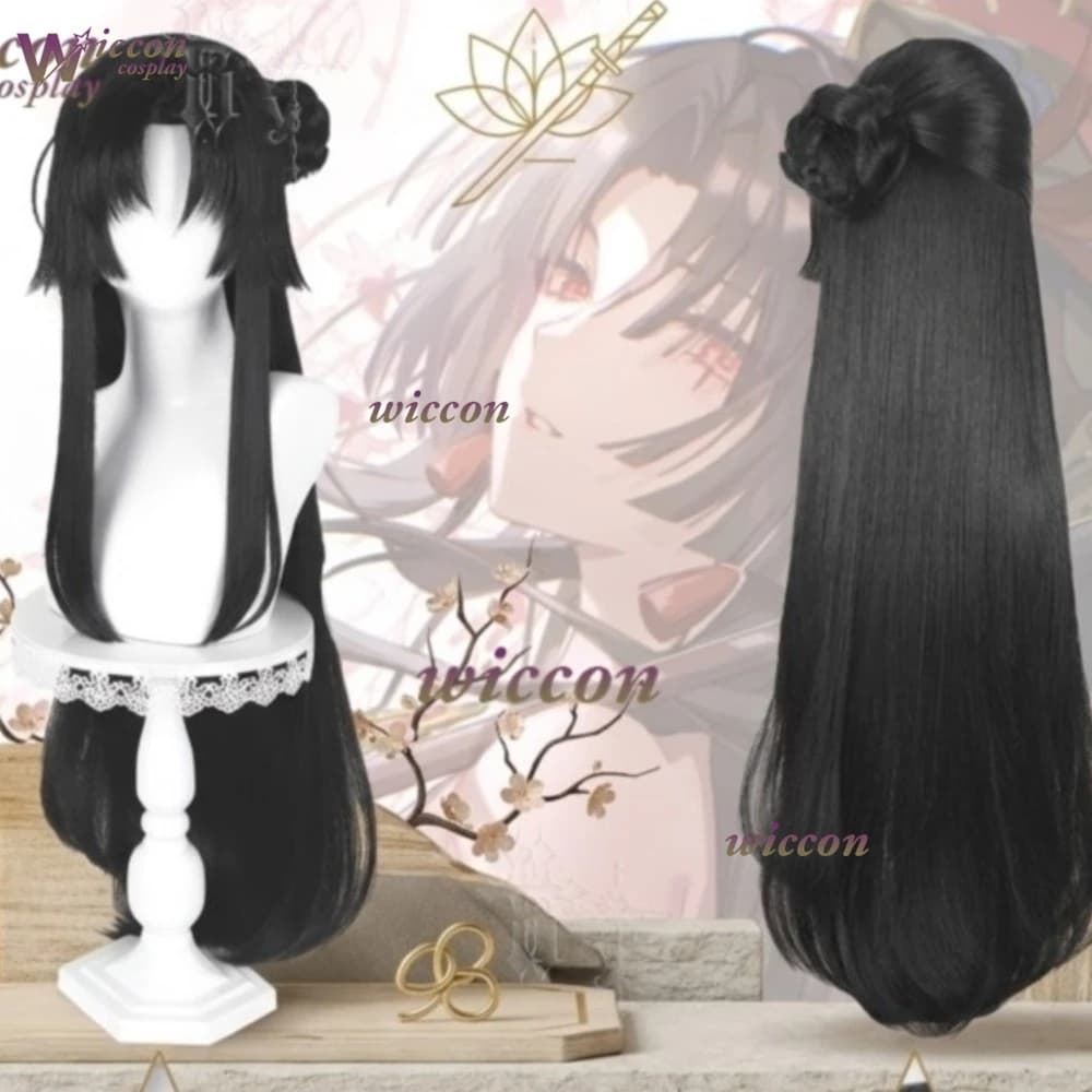Uniform Neverness To Everness Xun Pure Black Simulated Scalp Top Updo Bun Cosplay Wig Wig Heat Resistant Halloween Party Wigs