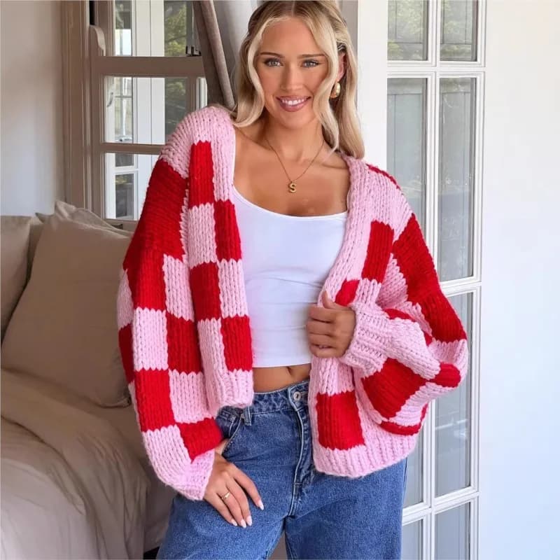 Cardigan con ago grosso a contrasto a quadretti alla moda Giacca maglione lavorato a maglia carino Nuovo abbigliamento invernale a maniche lunghe allentato casual Donna
